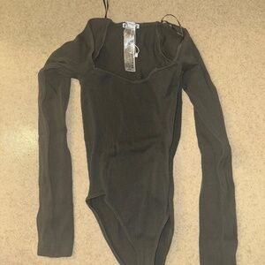 ZARA Grey Ribbed Thong Long Sleeve Bodysuit